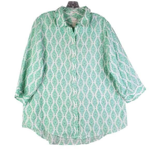 Chicos Top Button Up Shirt Women’s Size 3 US XL Teal Green Geometric Linen - Picture 2 of 12